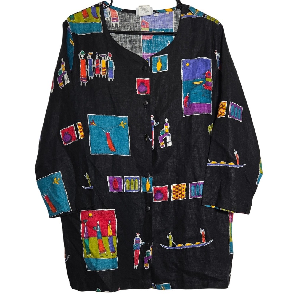 Hot Cotton Womens Linen Tunic Top Large Art USA Lagenlook Eclectic Maximalist